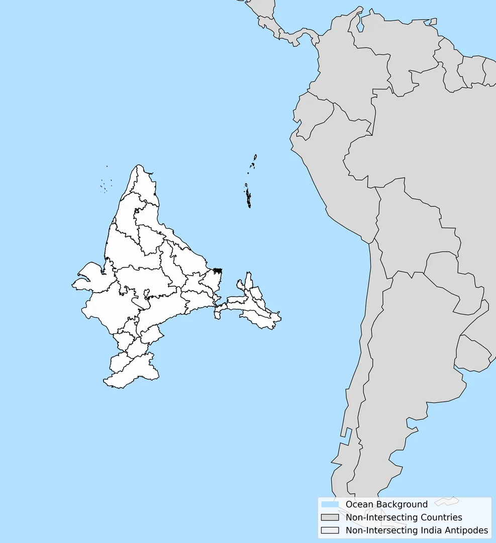 Antipode map: India antipodal points overlayed on world map, showing that it doesn't overlap with any other landmasses.