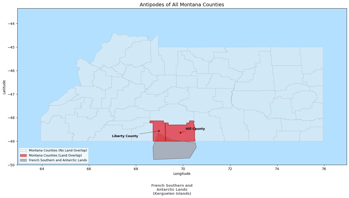 Antipode map: Montana counties antipodal points overlaid on map, showing land overlaps with French Southern and Antarctic Lands.