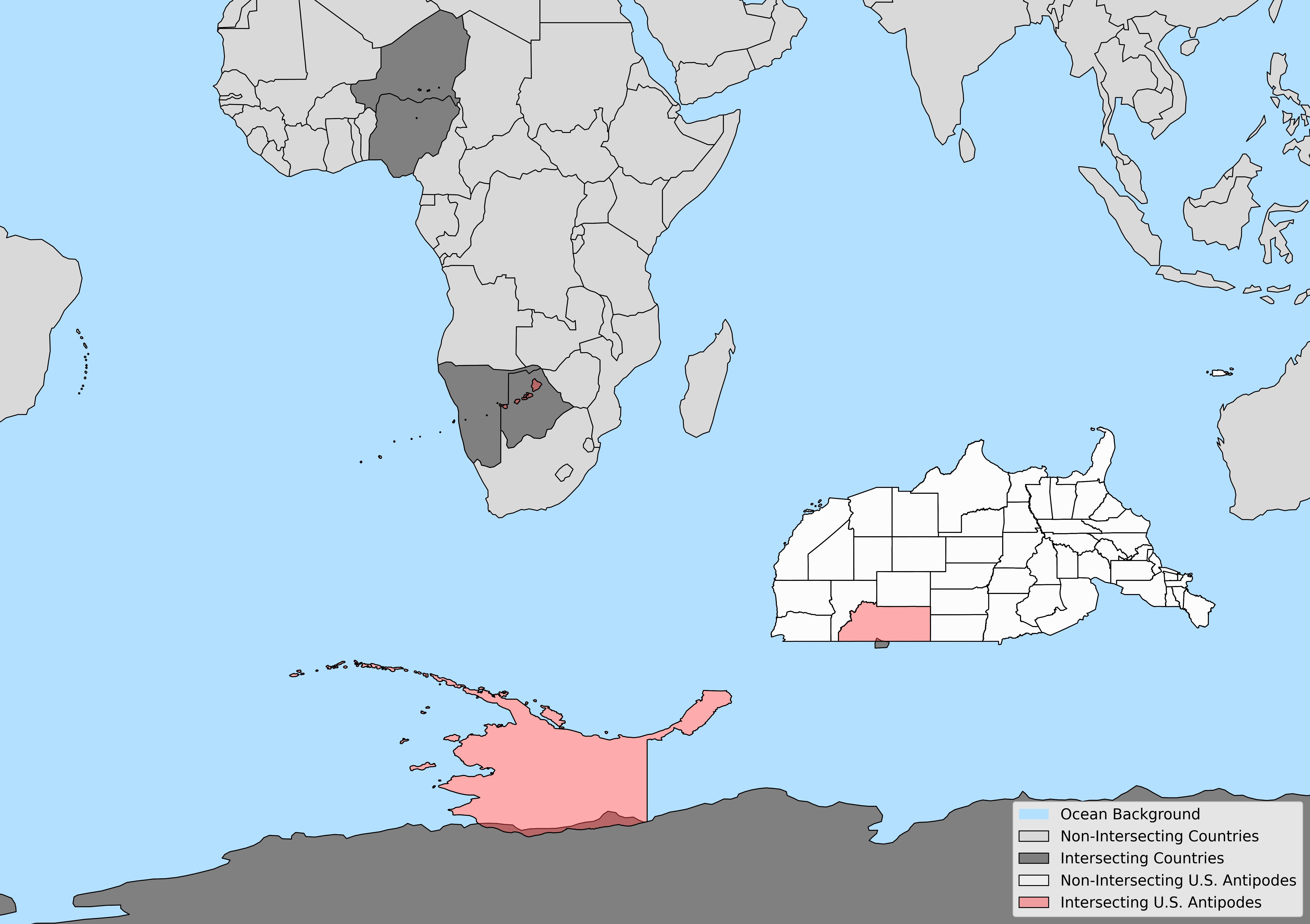 Map of US States/Territory antipodes, highlighting those that overlap another land mass.